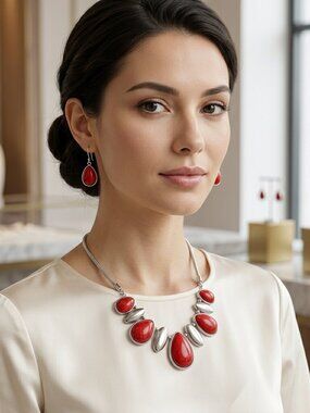 Kohl's Semi Precious Red & Silver Necklace Earring Set